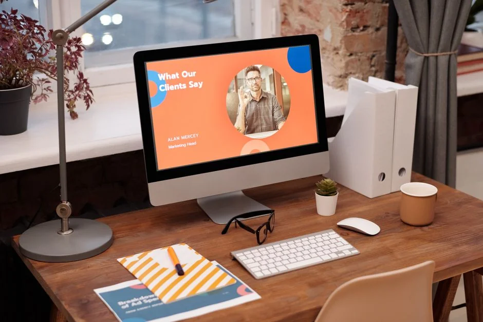 Un espace de travail élégant avec un ordinateur portable et des écrans montrant un logiciel de design.